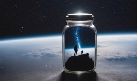 A glass jar containing a view of Earth and the vastness of space from a mountaintop, captured from the perspective of an astronautの素材