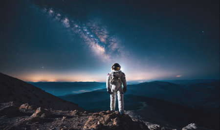 An astronaut stands on a mountaintop, looking up at the Milky Wayの素材