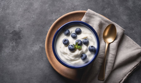 A bowl of yogurt with blueberries and a sprig of mint sits on a wooden plate with a gold spoon and a napkin beside itの素材