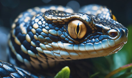 A blue and black snake with a golden eye stares intensely at the cameraの素材