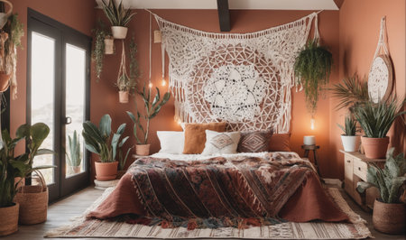 A bedroom with terracotta walls and macrame wall decor features an unmade bed with a patterned throw blanketの素材