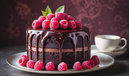 A chocolate cake with raspberry frosting sits on a plate with additional raspberriesの素材