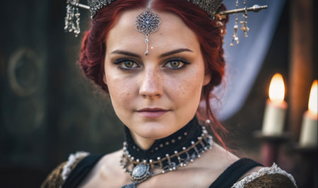 A woman with red hair and a silver crown looks directly at the camera in a dimly lit roomの素材