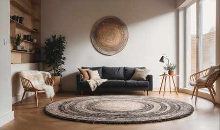 A living room with a gray couch, a round rug, and a large, round wall decorationの素材