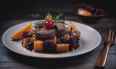 A plate of food with meat, fruit, and sauce sits on a wooden tableの素材