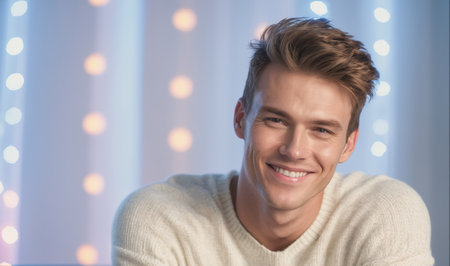 A young man with brown hair smiles at the camera in front of a blurry background of white lightsの素材