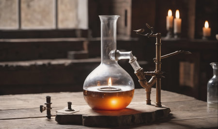 A glass flask filled with liquid and a candle sits on a wooden tableの素材