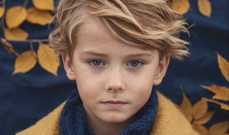 A young boy with blond hair stares intently at the camera, framed by fallen leaves in a warm, autumnal settingの素材