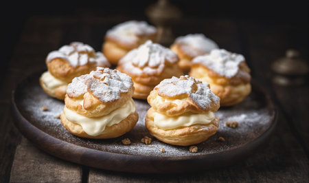 Cream puffs are dusted with powdered sugar and arranged on a dark grey plateの素材
