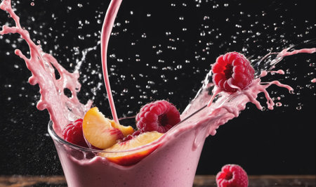 A pink smoothie is poured into a glass, causing a splash that sends raspberries and peach slices flyingの素材