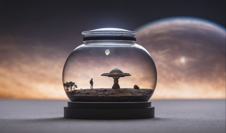 A glass sphere sits on a white surface, containing a miniature scene of a person standing on a dusty planet with a large, disc-shaped structure in the background, all under a cloudy, orange skyの素材