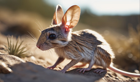 A long-eared jerboa stands on a rock in the desertの素材