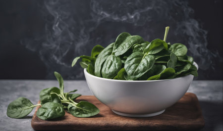 A bowl of fresh spinach sits on a wooden cutting board, with steam rising from the leavesの素材