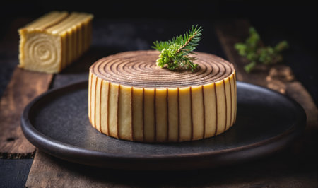 A log cake with a sprig of pine sits on a black plateの素材