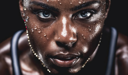 A close-up of a persons face, covered in sweat droplets, with a determined lookの素材