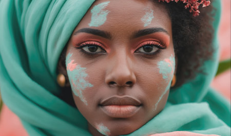 A woman wearing a turquoise headscarf looks directly at the cameraの素材