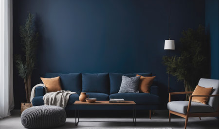 A living room with a blue couch, an armchair, and a coffee tableの素材