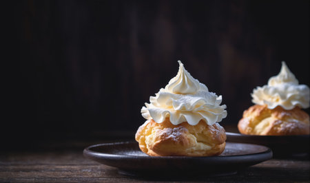 Two cream puffs are sitting on a black plate, dusted with powdered sugarの素材