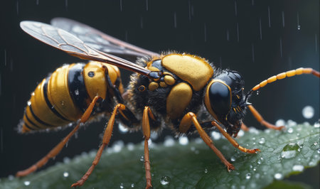 A wasp sits on a leaf in the rainの素材