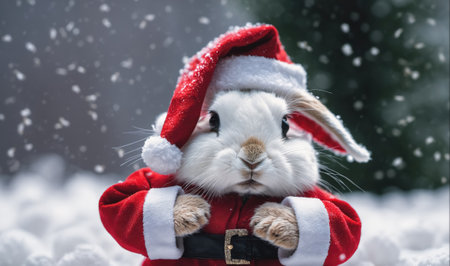 A white bunny wearing a Santa hat and suit stands in the snow during a snowfallの素材