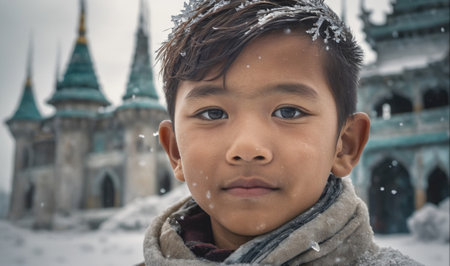 A young boy looks directly at the camera with a castle in the backgroundの素材