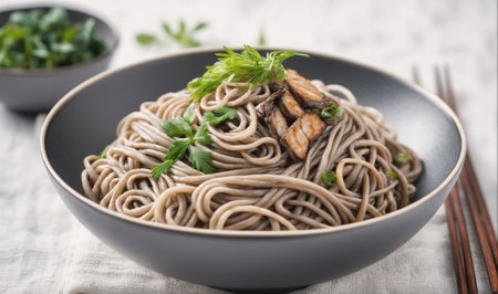 A bowl of soba noodles with meat and fresh parsleyの素材