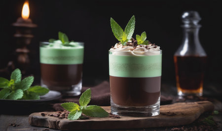 Two glasses of chocolate and mint dessert are arranged on a wooden cutting boardの素材