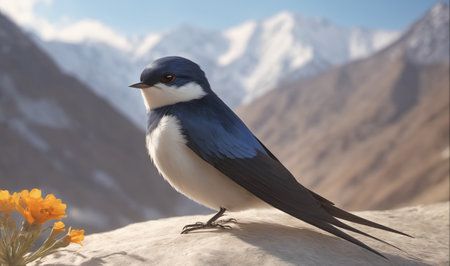 A blue and white bird perches on a rock in front of a mountain rangeの素材