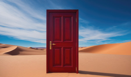 A red door stands alone in a desert landscape under a clear blue skyの素材