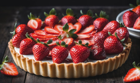 A strawberry tart sits on a wooden tableの素材