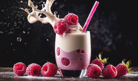 A raspberry smoothie with a pink straw is surrounded by raspberries on a dark wooden surfaceの素材