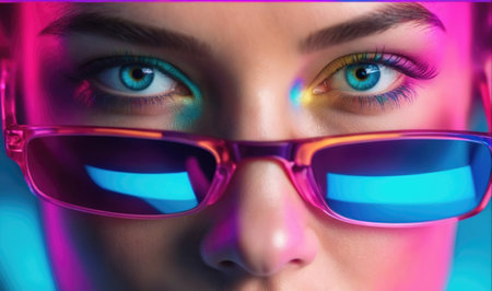 A woman wearing colorful sunglasses stares directly at the cameraの素材