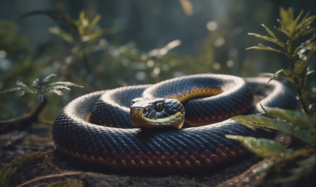 A black snake with a red stripe coils around itself in the forest, blending in with the dark greeneryの素材