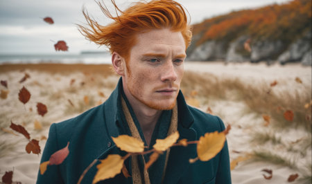 A man with red hair stands on a beach with leaves blowing around himの素材
