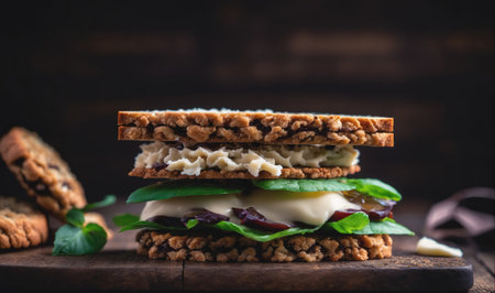 A sandwich made with three slices of bread sits on a wooden cutting boardの素材
