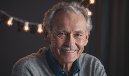 An elderly man with a graying beard smiles brightly in front of a string of lightsの素材