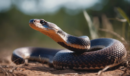 A black snake with white and blue markings is coiled on the groundの素材