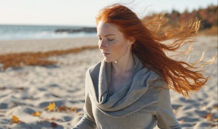 A woman with long red hair walks along a sandy beach with the wind blowing her hairの素材