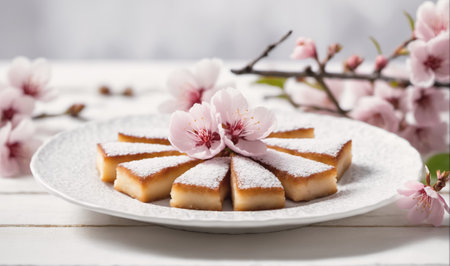 A plate of triangular slices of cake sits on a white table, dusted with powdered sugar and adorned with pink blossomsの素材