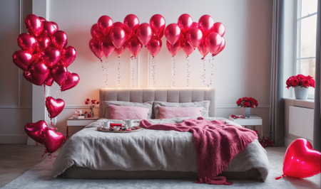 A bedroom decorated with heart-shaped balloons for a romantic occasionの素材