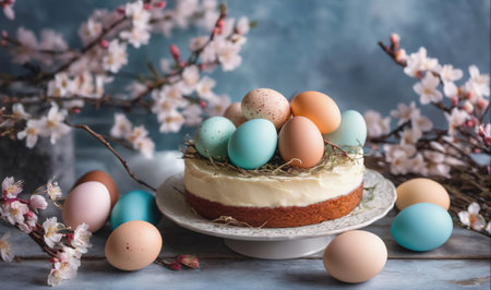 A cake decorated with Easter eggs sits on a table with blossoming branches in the backgroundの素材