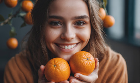 A young woman with long brown hair smiles while holding two oranges in front of her faceの素材