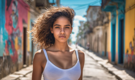 A woman with curly hair walks down a street in a vibrant cityの素材