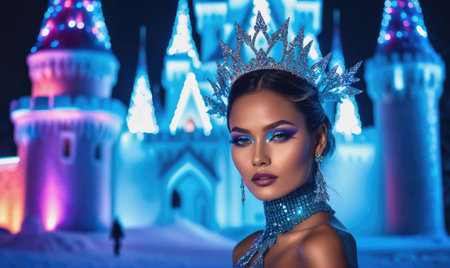 A woman in a sparkling crown stands before a glowing ice castleの素材