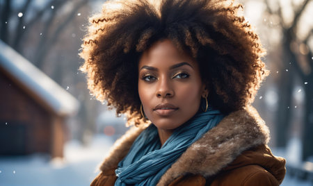 A woman with curly hair stands outside in the snow, wearing a brown jacket and a blue scarfの素材