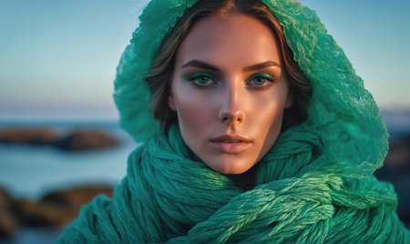A woman with blue eyes stares intensely at the camera while wearing a bright green scarf and hoodの素材