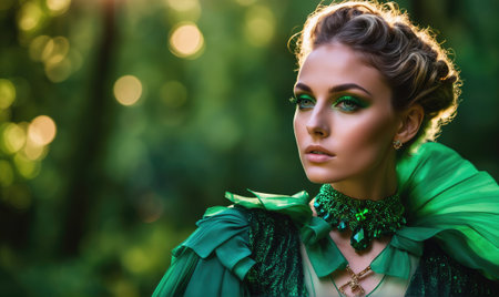 A woman with green eyeshadow and a jeweled necklace stands in a forest, looking off into the distanceの素材