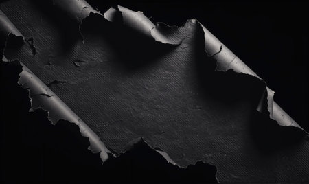 A piece of black paper is torn and rolled on a black backgroundの素材