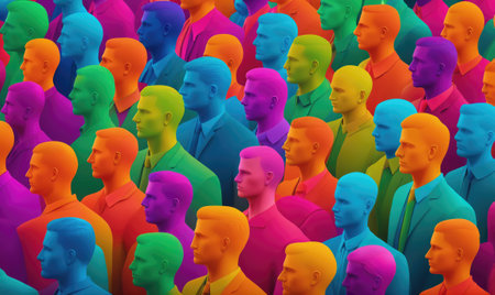 A large crowd of people are standing together, each person a different bright colorの素材