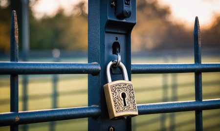 A brass padlock secures a blue metal gate in the late afternoonの素材
